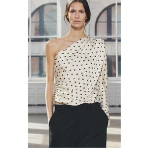 Zara Asymmetric Shoulder Pad Top in Black & White Polka Dot